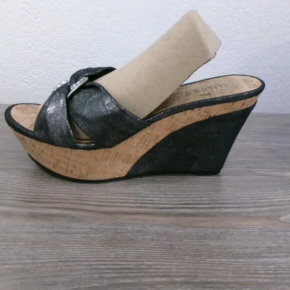 Near New GUESS Balasi Shimmery Black Silver Rhinestone Wedge Platform Shoes 9.5 - Picture 6 of 16